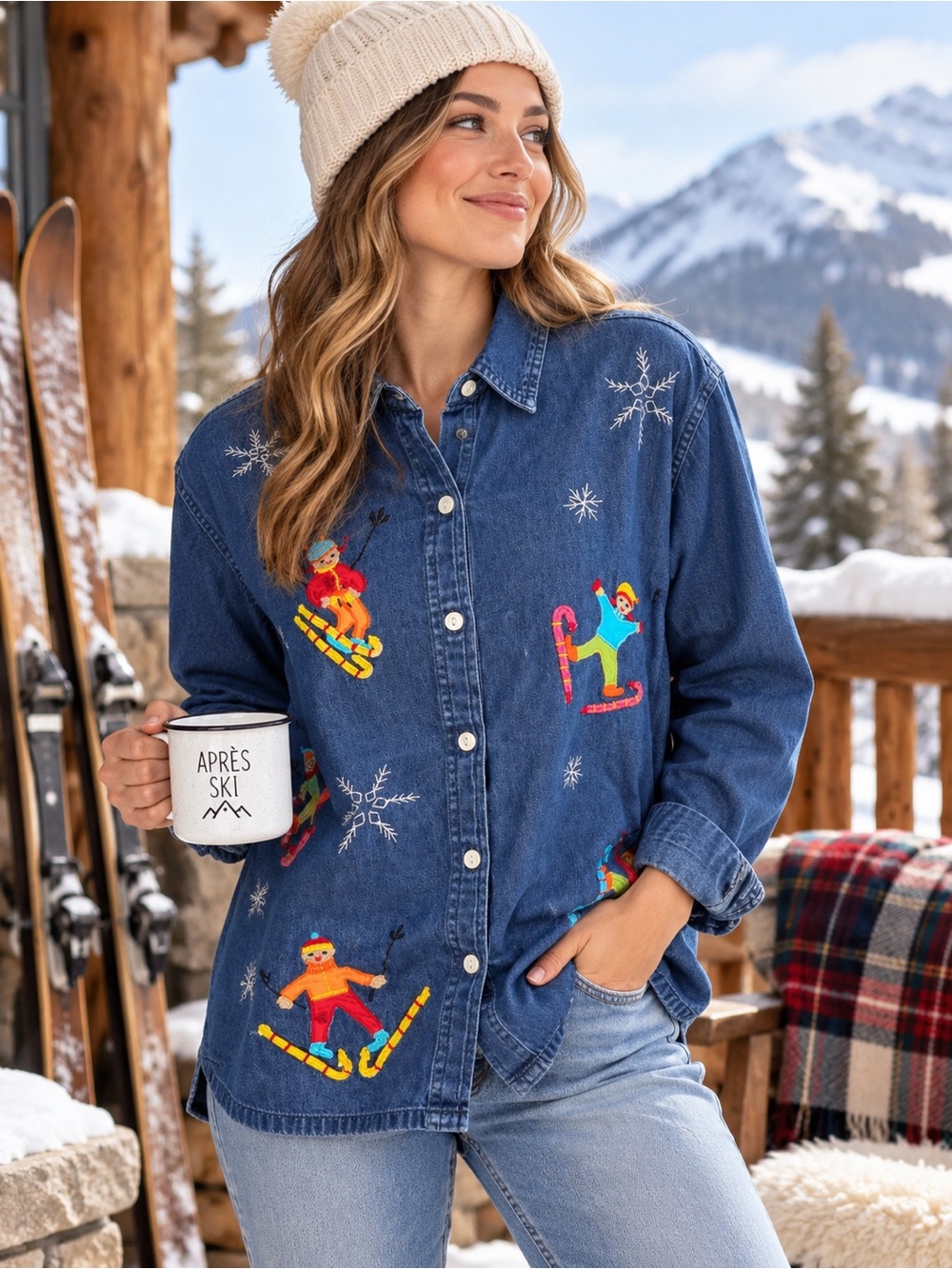 Vintage 90s New Directions Denim Shirt M Embroidered Ski Snowboard Après Ski